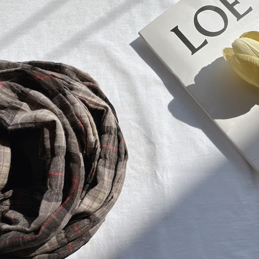 100% Pure Cotton Artistic Plaid Scarf Four Seasons Japanese Style All-match Neck Protector Long Thin Scarf Women's Summer Scarf
