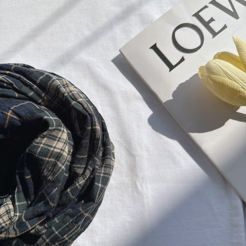 100% Pure Cotton Artistic Plaid Scarf Four Seasons Japanese Style All-match Neck Protector Long Thin Scarf Women's Summer Scarf