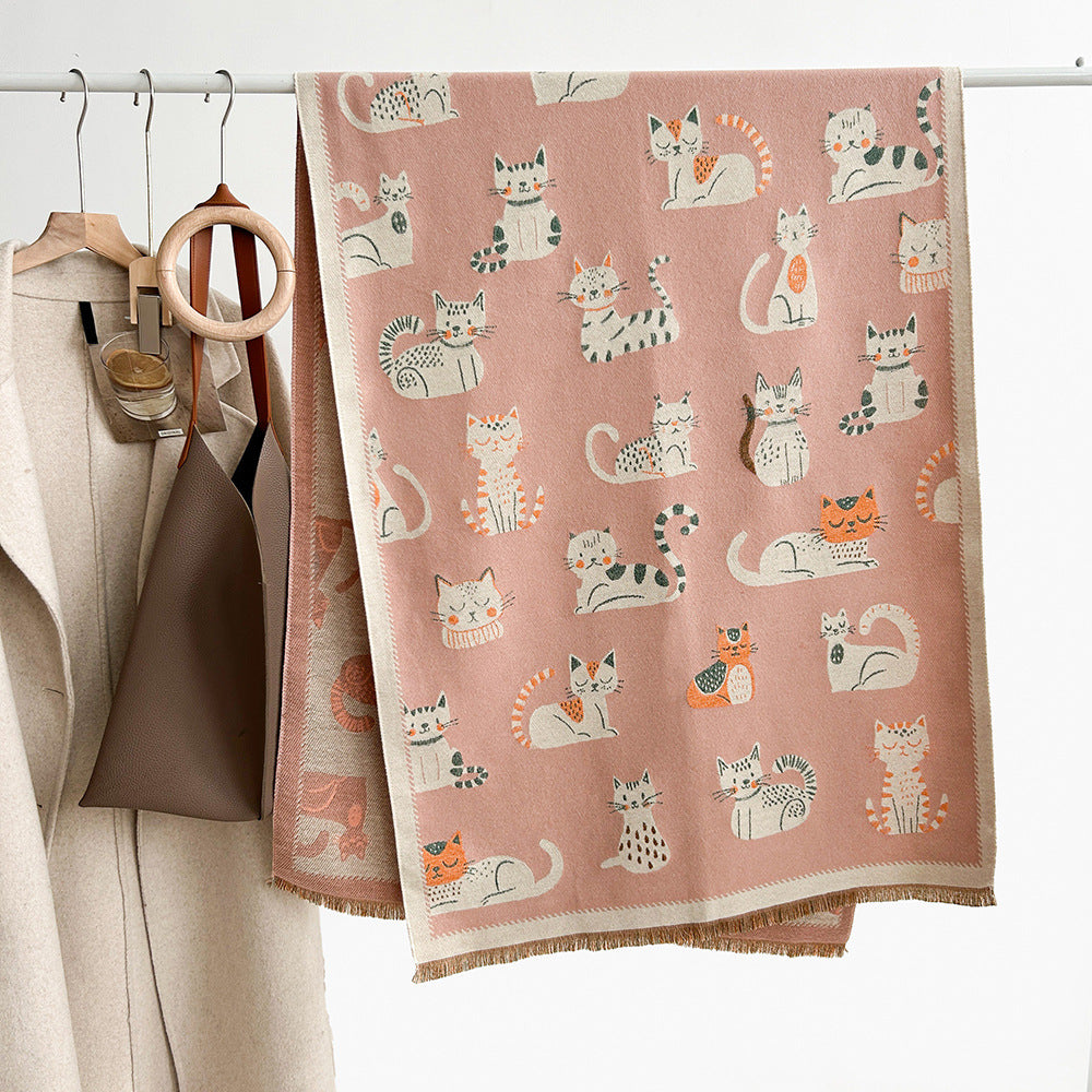 Cartoon Cute Cat Double-Sided Double-Wearing Imitation Cashmere Women's Winter Thickened Warm Neck Shawl Student Soft