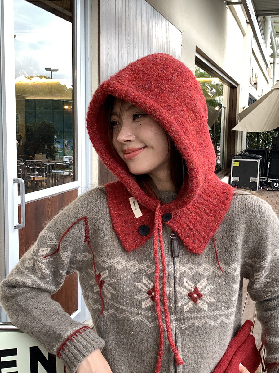 Balaclava Hat New Women's Winter Face-Show Small Ear Protection Neck Integrated Warm Knitted Roll Wool Hat