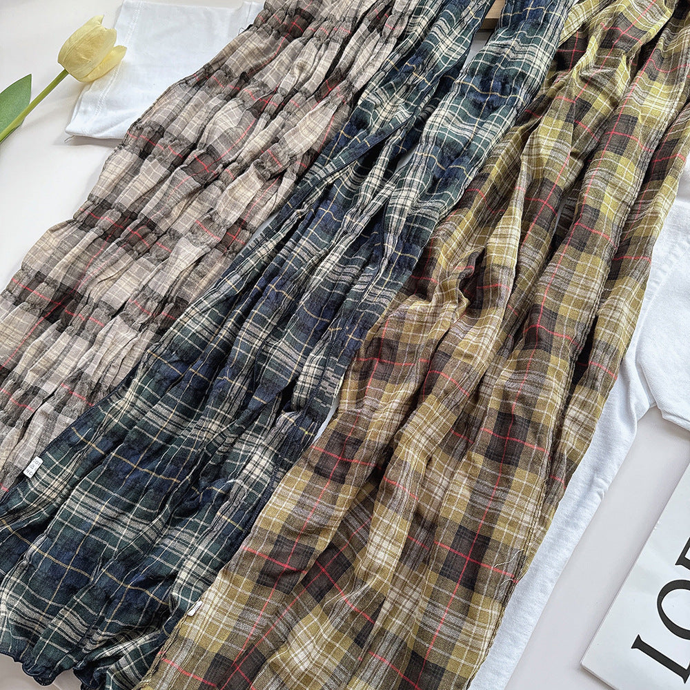 100% Pure Cotton Artistic Plaid Scarf Four Seasons Japanese Style All-match Neck Protector Long Thin Scarf Women's Summer Scarf