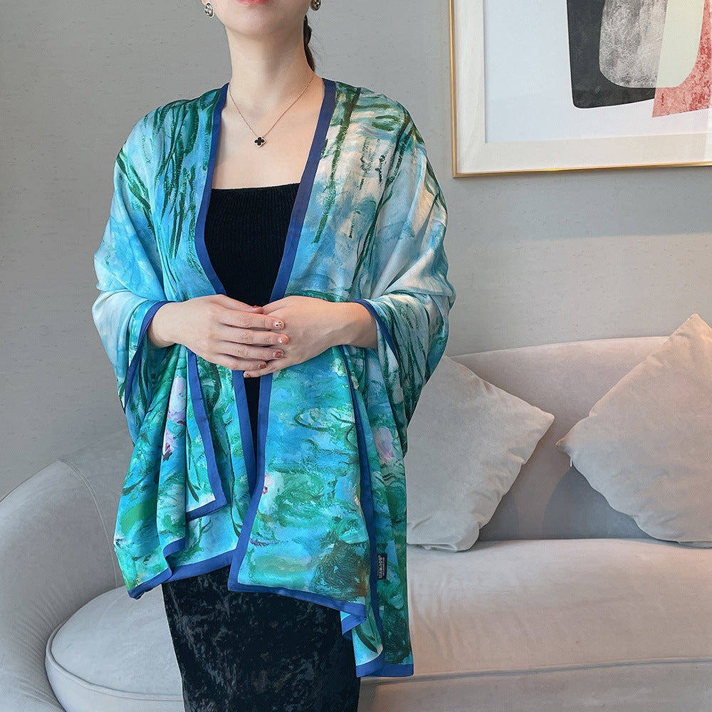 Van Gogh Monet oil painting double-sided double-layer silk scarf women's long 180x70 new silk satin popular fashion scarf shawl New