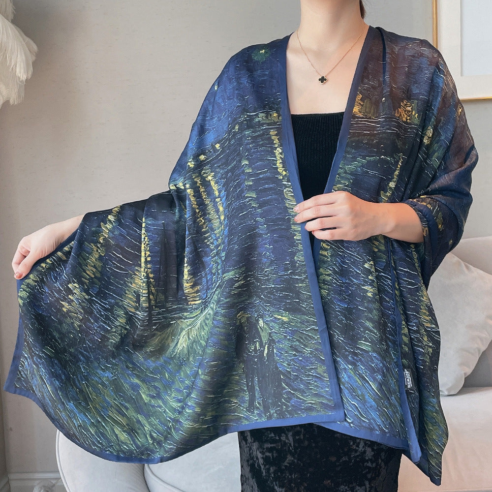 Van Gogh Monet oil painting double-sided double-layer silk scarf women's long 180x70 new silk satin popular fashion scarf shawl New