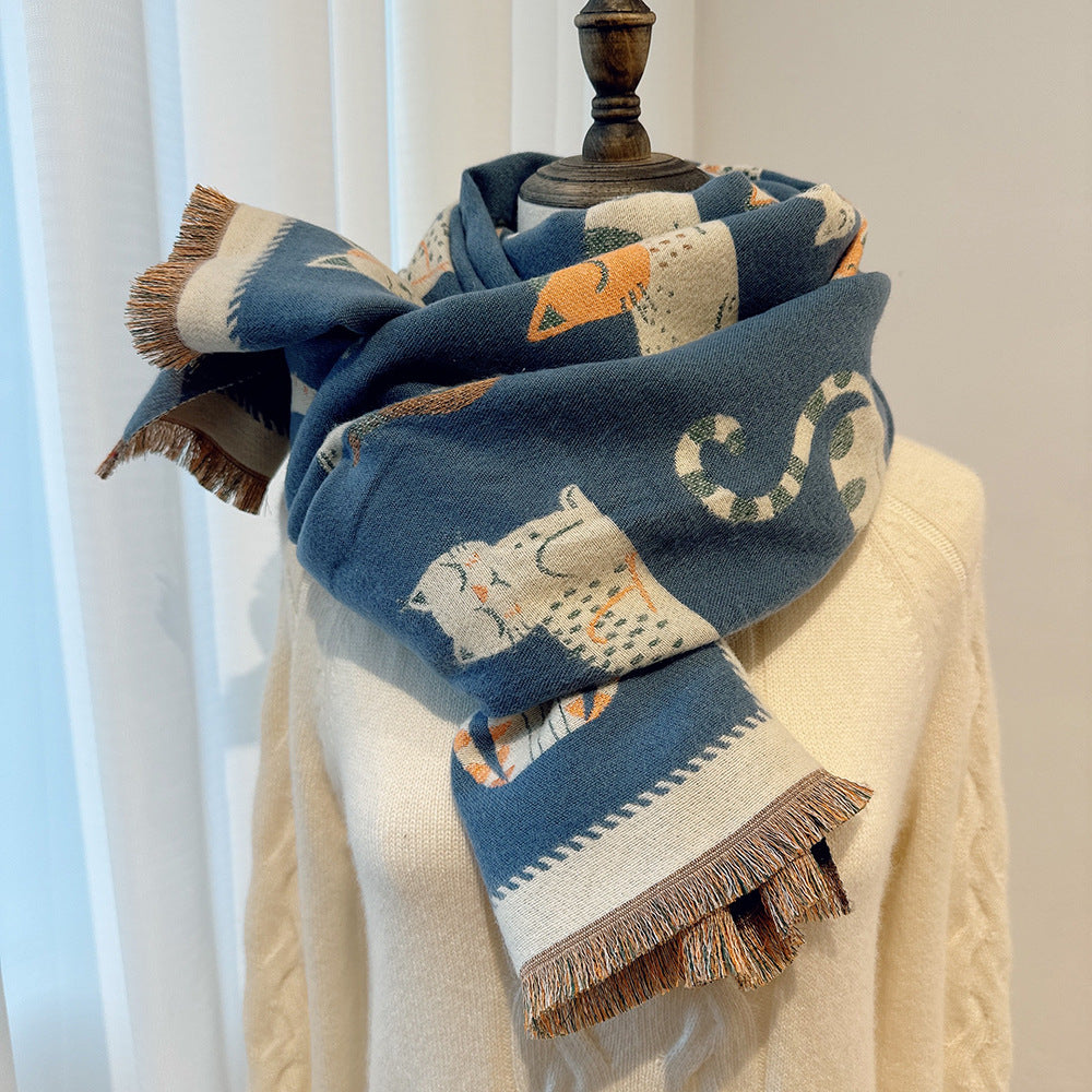 Cartoon Cute Cat Double-Sided Double-Wearing Imitation Cashmere Women's Winter Thickened Warm Neck Shawl Student Soft