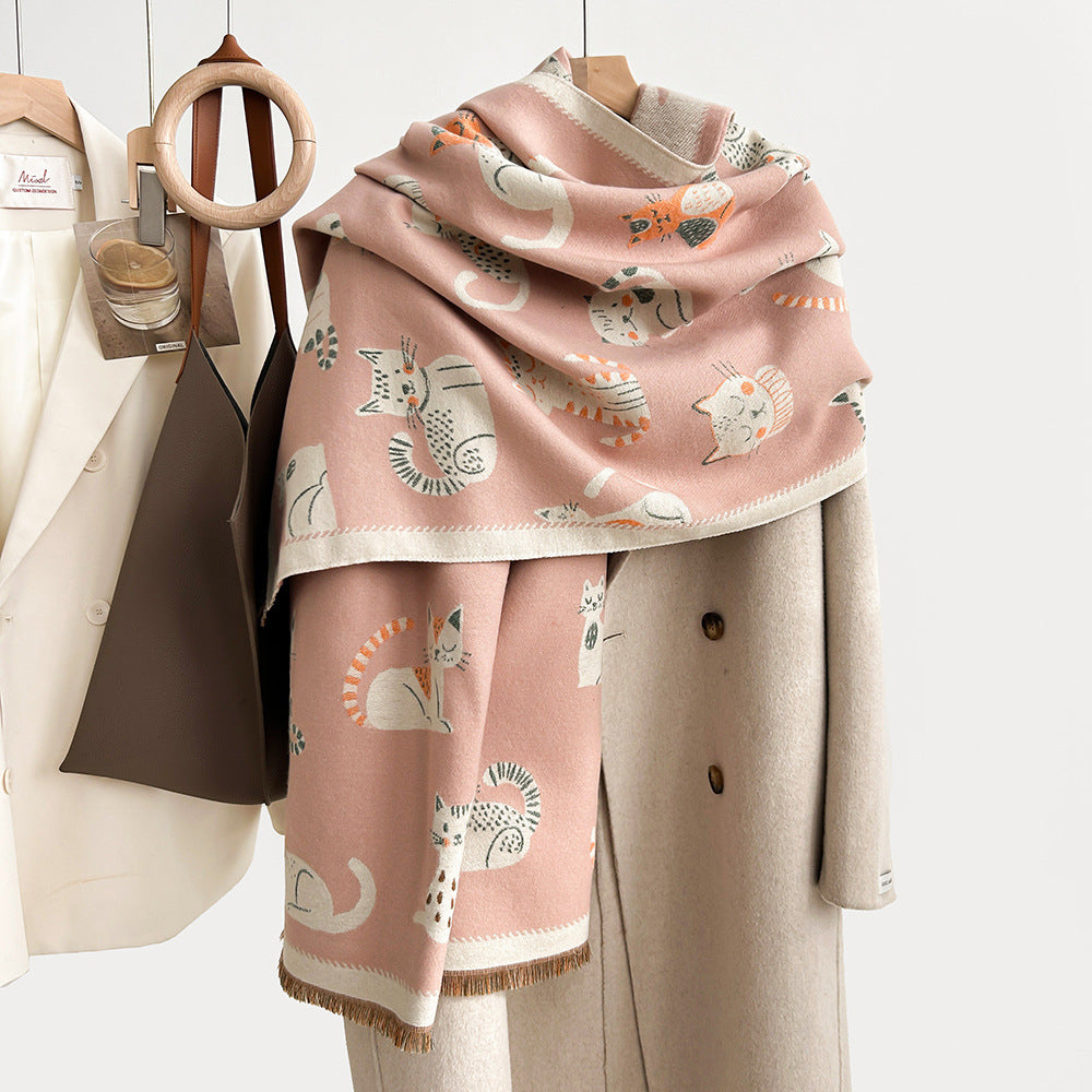 Cartoon Cute Cat Double-Sided Double-Wearing Imitation Cashmere Women's Winter Thickened Warm Neck Shawl Student Soft