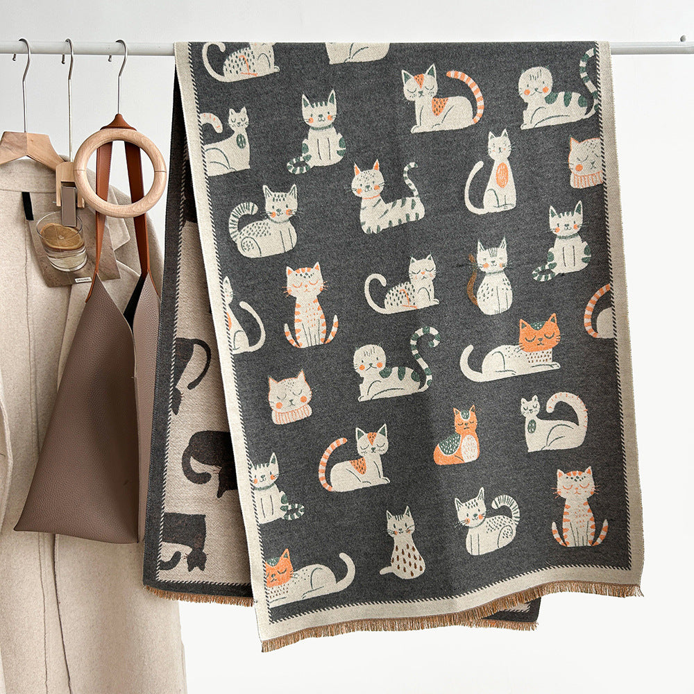 Cartoon Cute Cat Double-Sided Double-Wearing Imitation Cashmere Women's Winter Thickened Warm Neck Shawl Student Soft