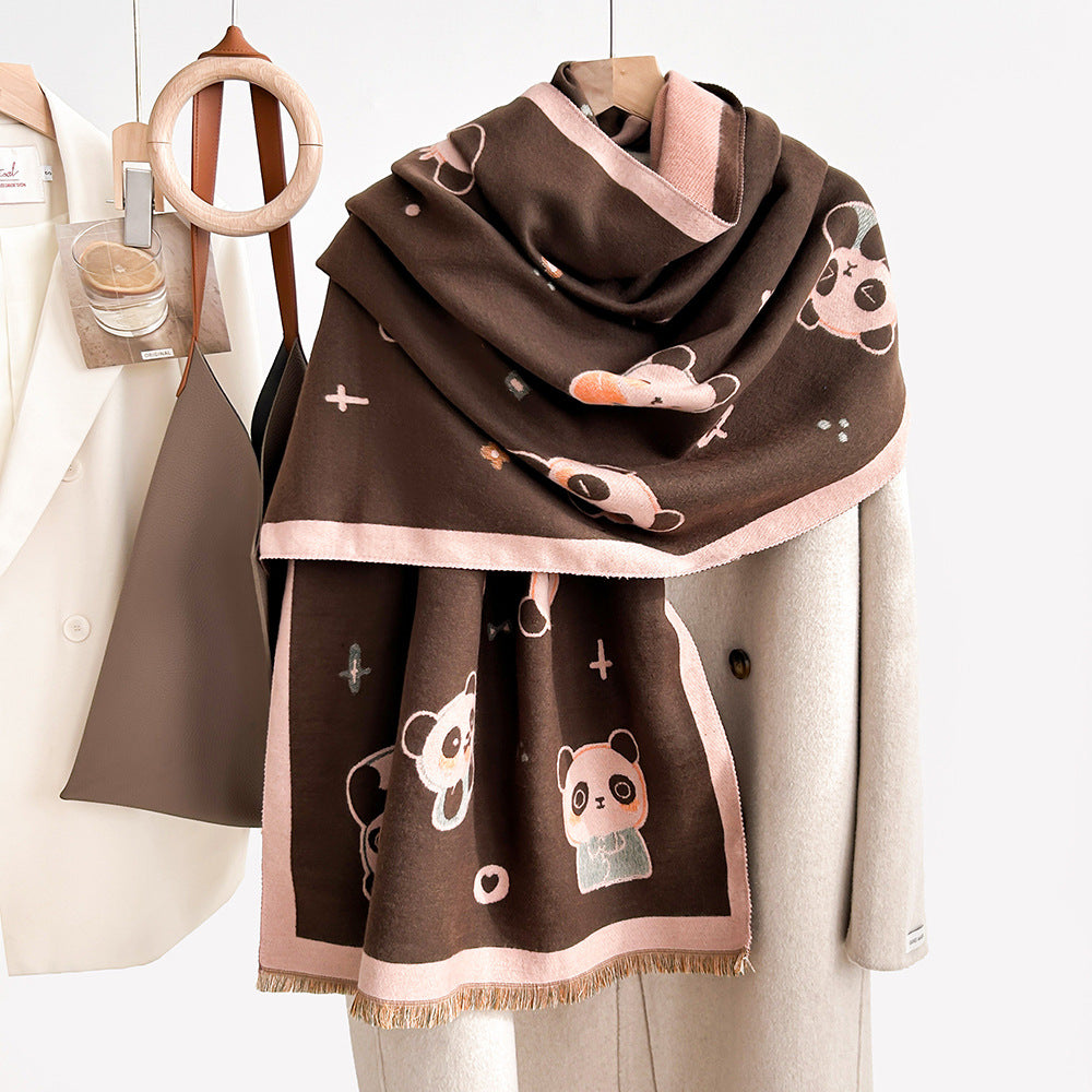 Cartoon Cute Cat Double-Sided Double-Wearing Imitation Cashmere Women's Winter Thickened Warm Neck Shawl Student Soft
