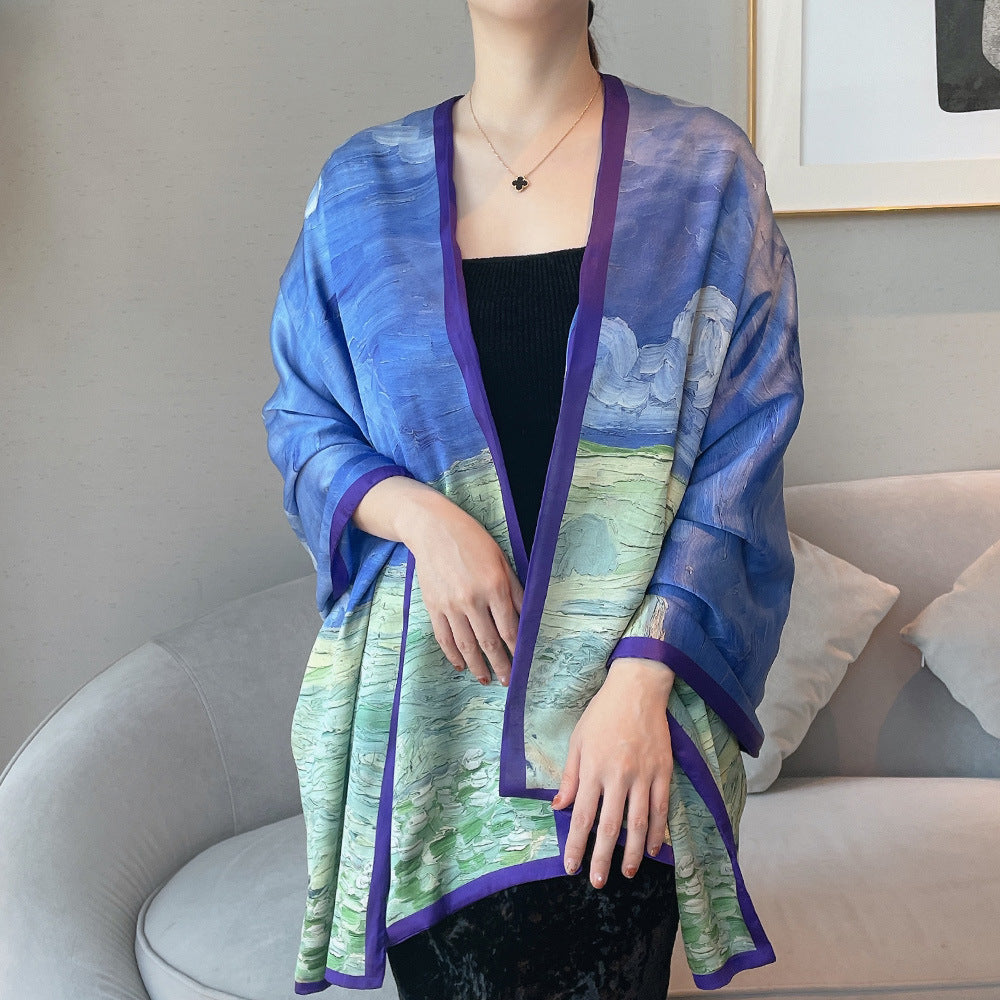 Van Gogh Monet oil painting double-sided double-layer silk scarf women's long 180x70 new silk satin popular fashion scarf shawl New