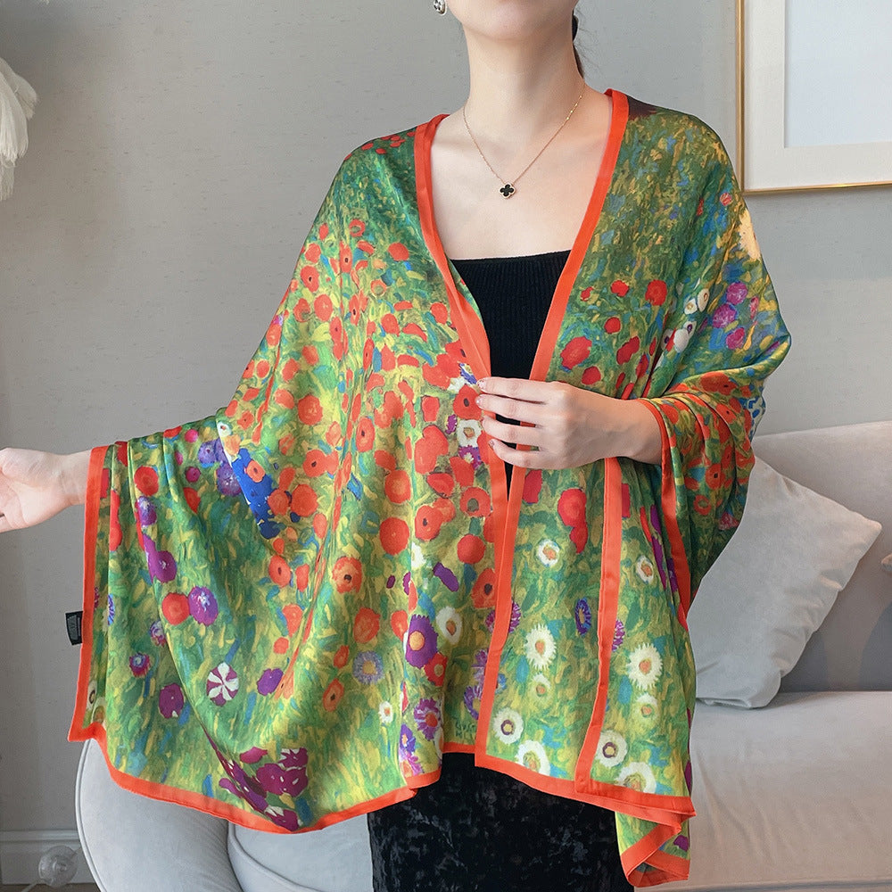 Van Gogh Monet oil painting double-sided double-layer silk scarf women's long 180x70 new silk satin popular fashion scarf shawl New