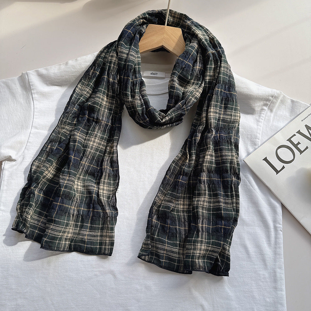 100% Pure Cotton Artistic Plaid Scarf Four Seasons Japanese Style All-match Neck Protector Long Thin Scarf Women's Summer Scarf