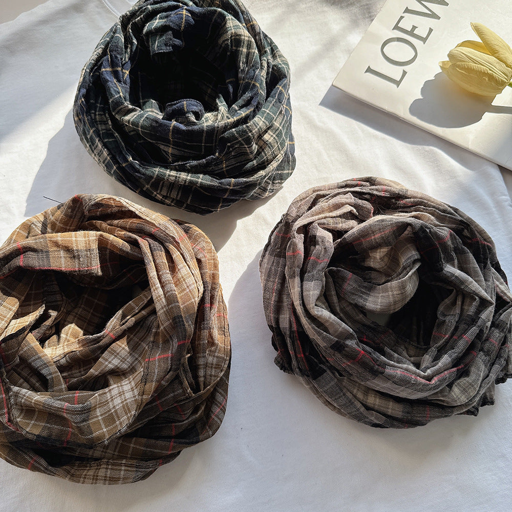 100% Pure Cotton Artistic Plaid Scarf Four Seasons Japanese Style All-match Neck Protector Long Thin Scarf Women's Summer Scarf