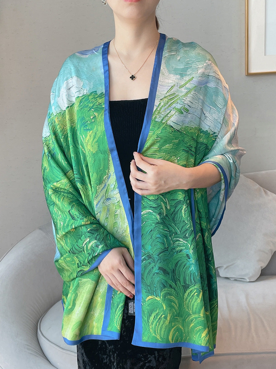 Van Gogh Monet oil painting double-sided double-layer silk scarf women's long 180x70 new silk satin popular fashion scarf shawl New