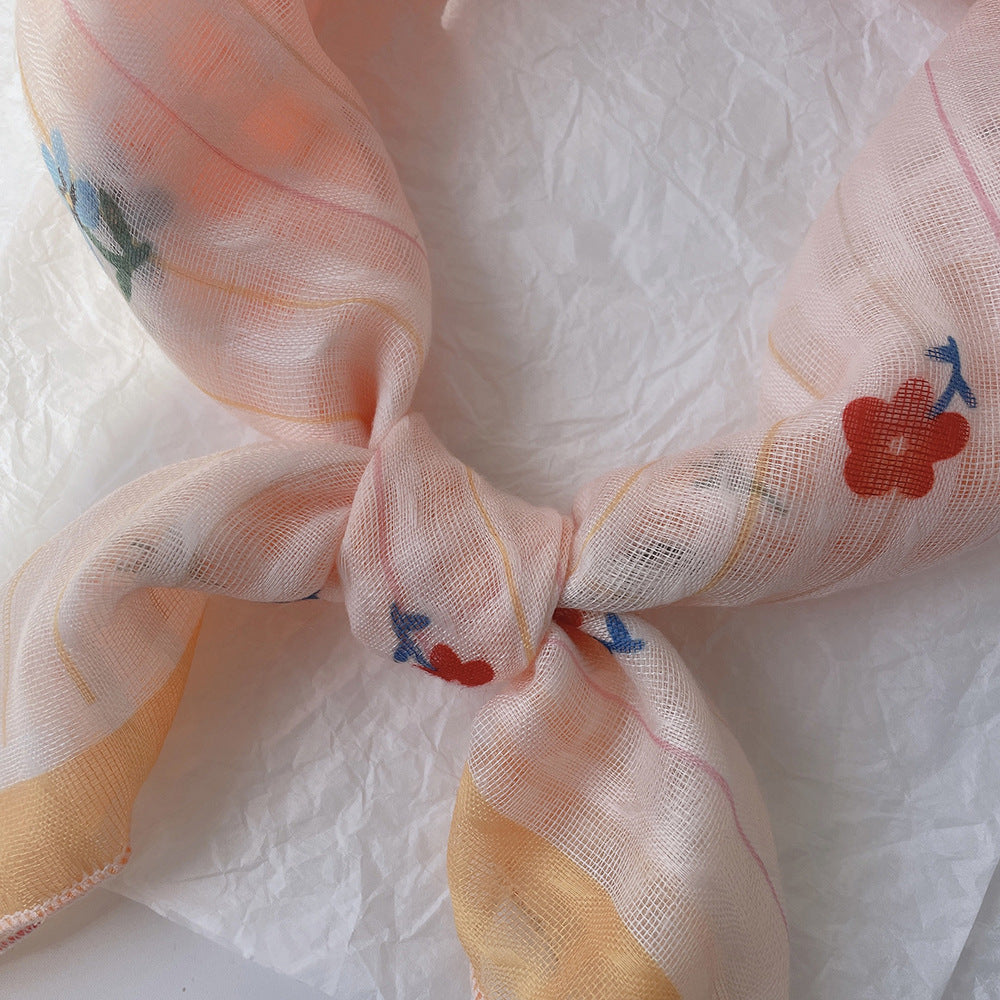 Upgraded Japanese cotton and linen square scarf 58x58 breathable all-match pastoral style floral photo matching scarf headscarf for women