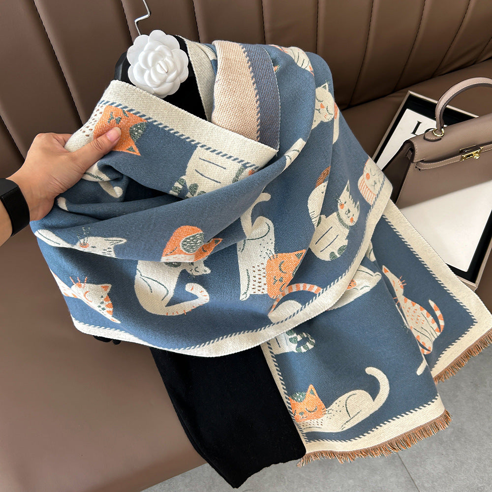 Cartoon Cute Cat Double-Sided Double-Wearing Imitation Cashmere Women's Winter Thickened Warm Neck Shawl Student Soft