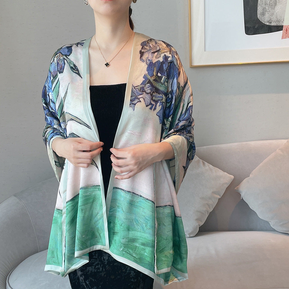 Van Gogh Monet oil painting double-sided double-layer silk scarf women's long 180x70 new silk satin popular fashion scarf shawl New