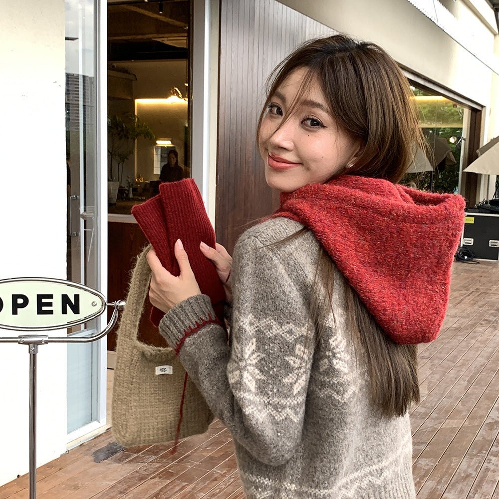 Balaclava Hat New Women's Winter Face-Show Small Ear Protection Neck Integrated Warm Knitted Roll Wool Hat