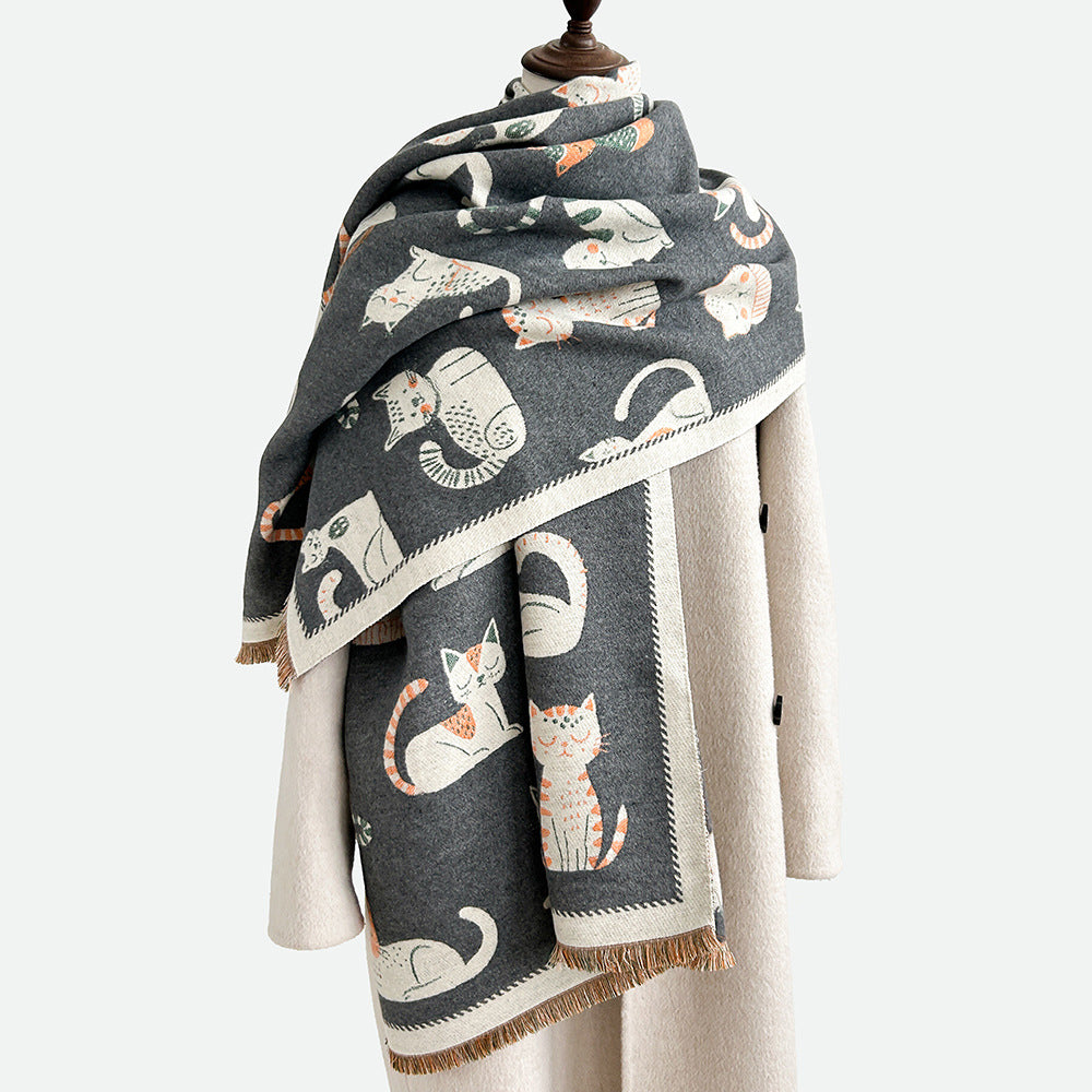Cartoon Cute Cat Double-Sided Double-Wearing Imitation Cashmere Women's Winter Thickened Warm Neck Shawl Student Soft