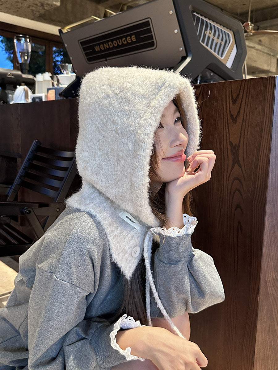 Balaclava Hat New Women's Winter Face-Show Small Ear Protection Neck Integrated Warm Knitted Roll Wool Hat