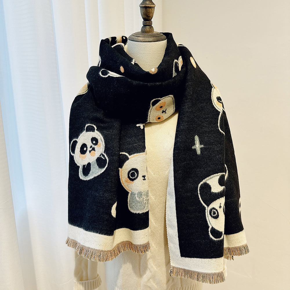 Cartoon Cute Cat Double-Sided Double-Wearing Imitation Cashmere Women's Winter Thickened Warm Neck Shawl Student Soft
