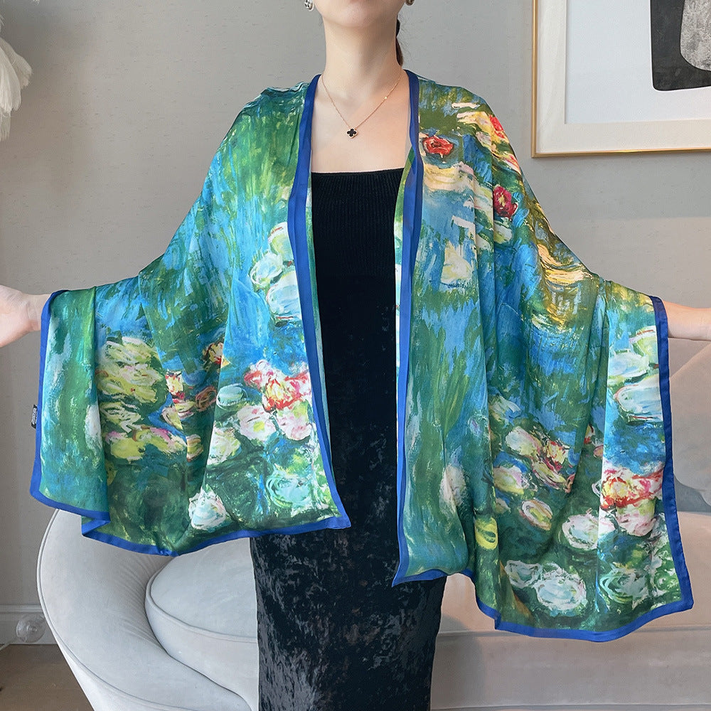 Van Gogh Monet oil painting double-sided double-layer silk scarf women's long 180x70 new silk satin popular fashion scarf shawl New