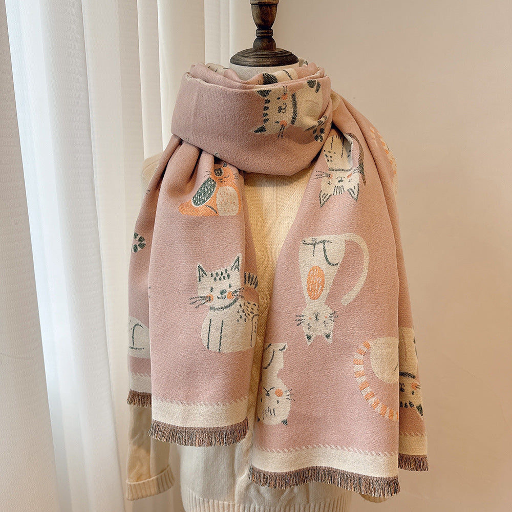 Cartoon Cute Cat Double-Sided Double-Wearing Imitation Cashmere Women's Winter Thickened Warm Neck Shawl Student Soft