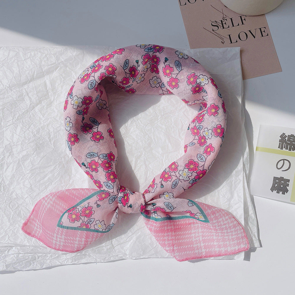 Upgraded Japanese cotton and linen square scarf 58x58 breathable all-match pastoral style floral photo matching scarf headscarf for women