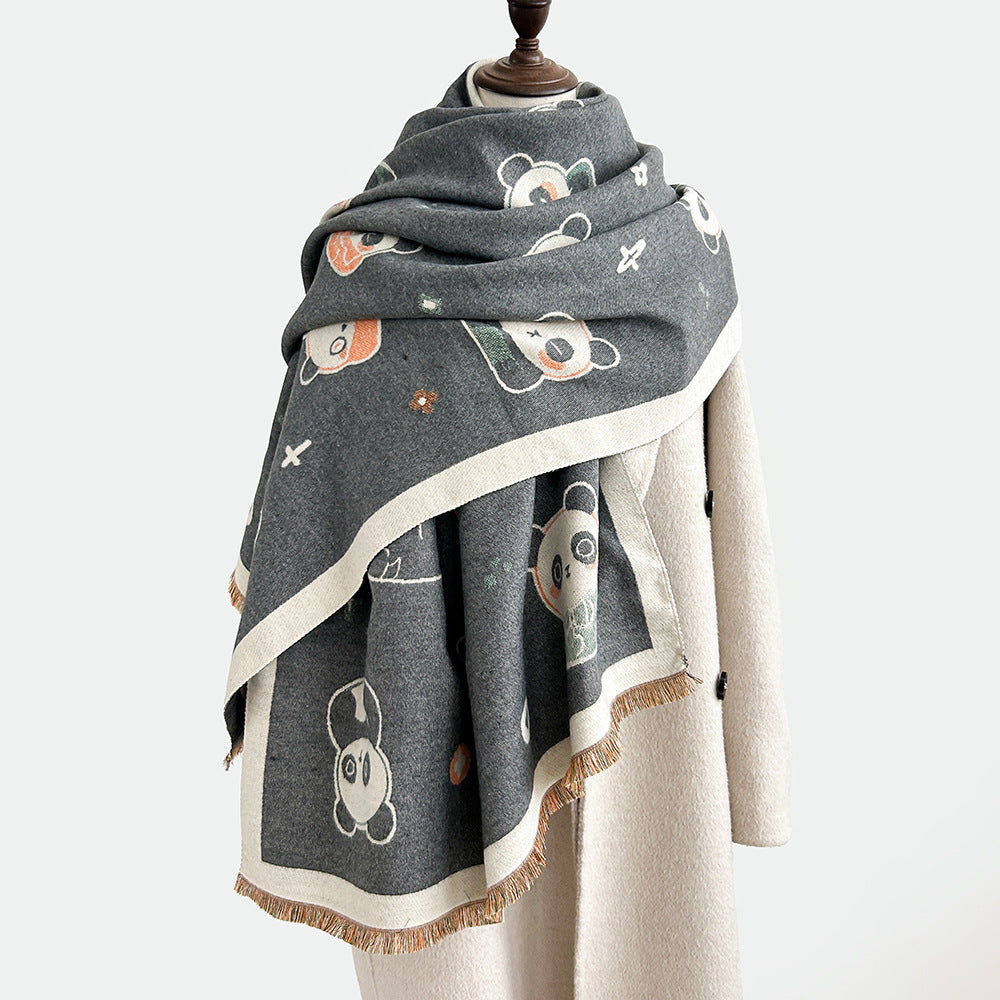 Cartoon Cute Cat Double-Sided Double-Wearing Imitation Cashmere Women's Winter Thickened Warm Neck Shawl Student Soft