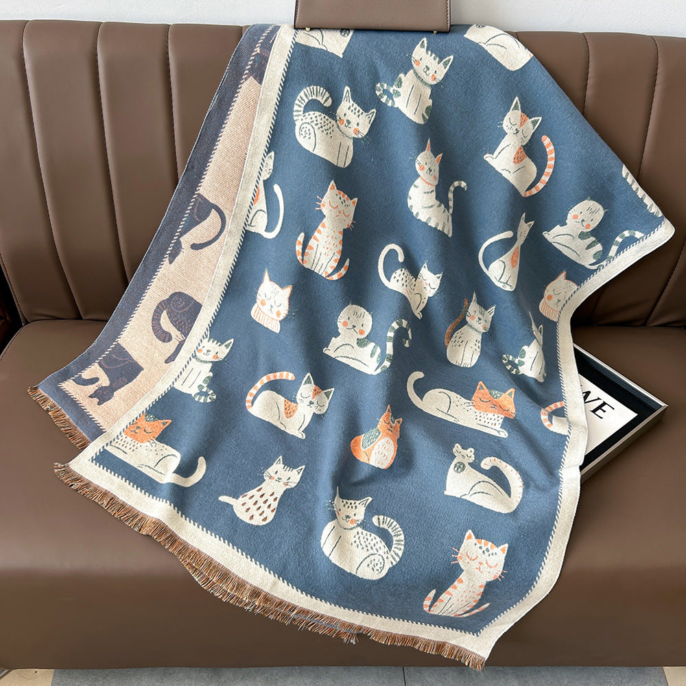 Cartoon Cute Cat Double-Sided Double-Wearing Imitation Cashmere Women's Winter Thickened Warm Neck Shawl Student Soft
