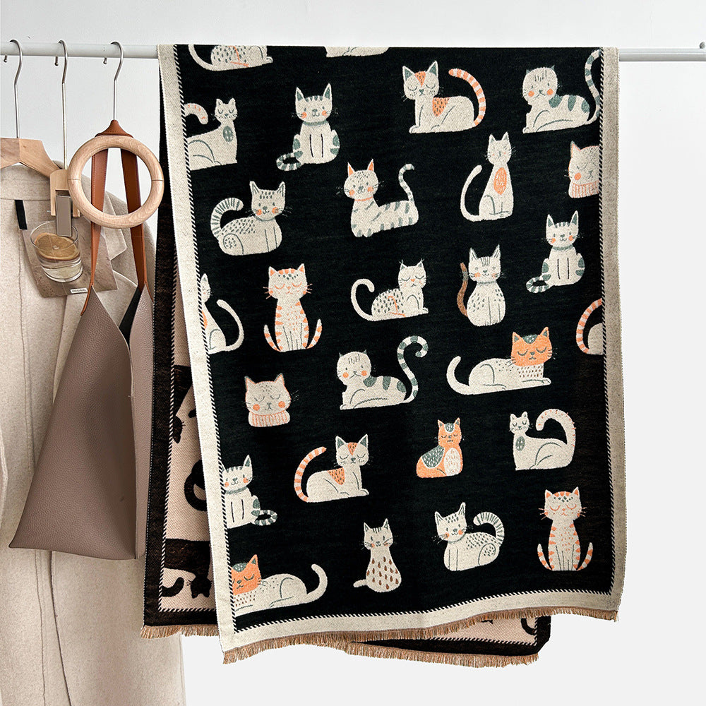 Cartoon Cute Cat Double-Sided Double-Wearing Imitation Cashmere Women's Winter Thickened Warm Neck Shawl Student Soft