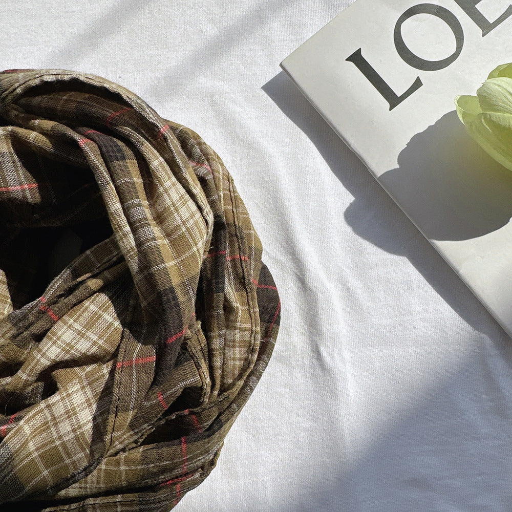 100% Pure Cotton Artistic Plaid Scarf Four Seasons Japanese Style All-match Neck Protector Long Thin Scarf Women's Summer Scarf