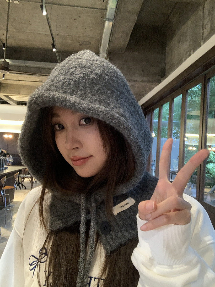 Balaclava Hat New Women's Winter Face-Show Small Ear Protection Neck Integrated Warm Knitted Roll Wool Hat
