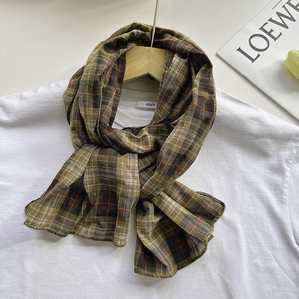 100% Pure Cotton Artistic Plaid Scarf Four Seasons Japanese Style All-match Neck Protector Long Thin Scarf Women's Summer Scarf
