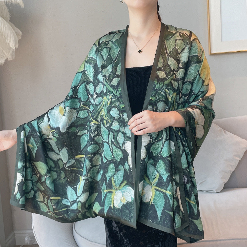 Van Gogh Monet oil painting double-sided double-layer silk scarf women's long 180x70 new silk satin popular fashion scarf shawl New