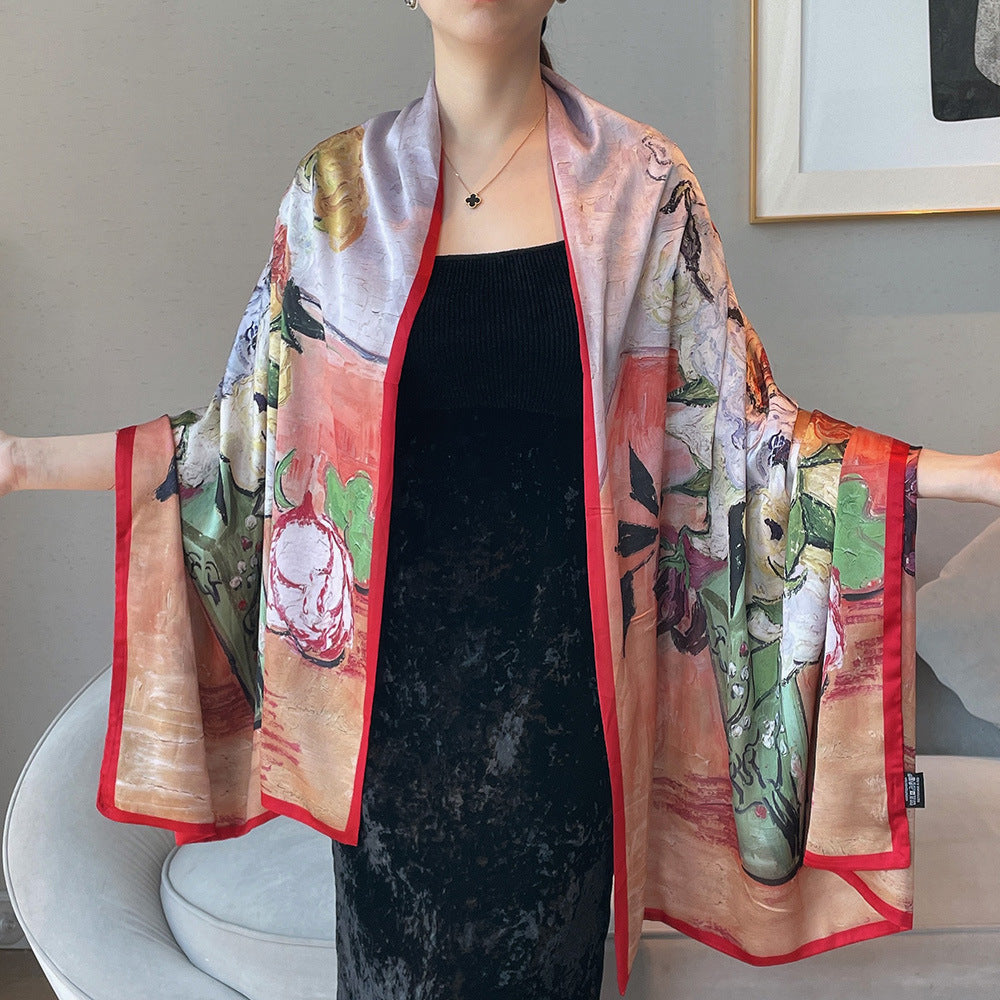 Van Gogh Monet oil painting double-sided double-layer silk scarf women's long 180x70 new silk satin popular fashion scarf shawl New