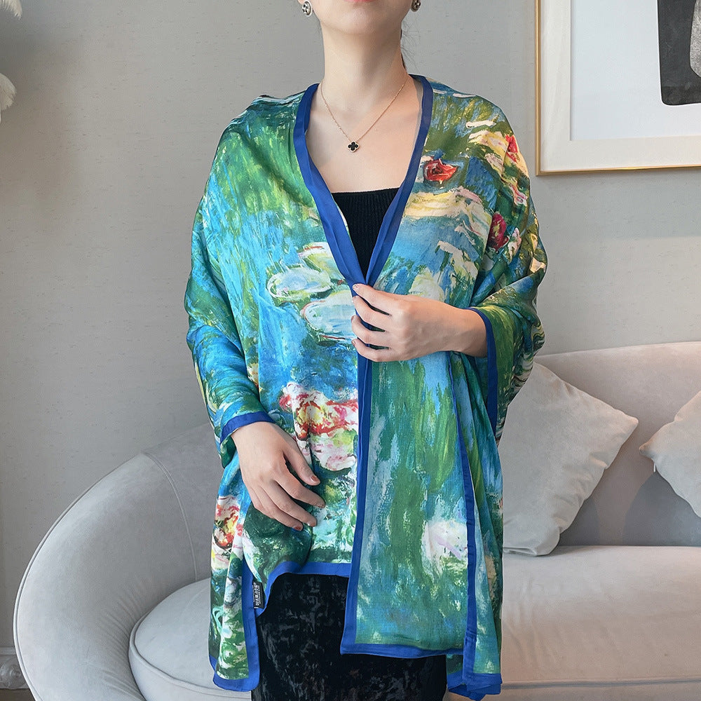 Van Gogh Monet oil painting double-sided double-layer silk scarf women's long 180x70 new silk satin popular fashion scarf shawl New
