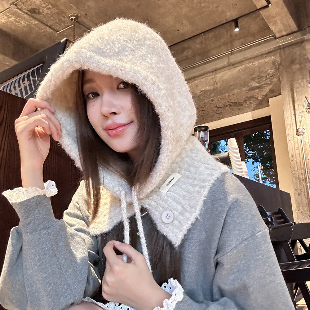 Balaclava Hat New Women's Winter Face-Show Small Ear Protection Neck Integrated Warm Knitted Roll Wool Hat