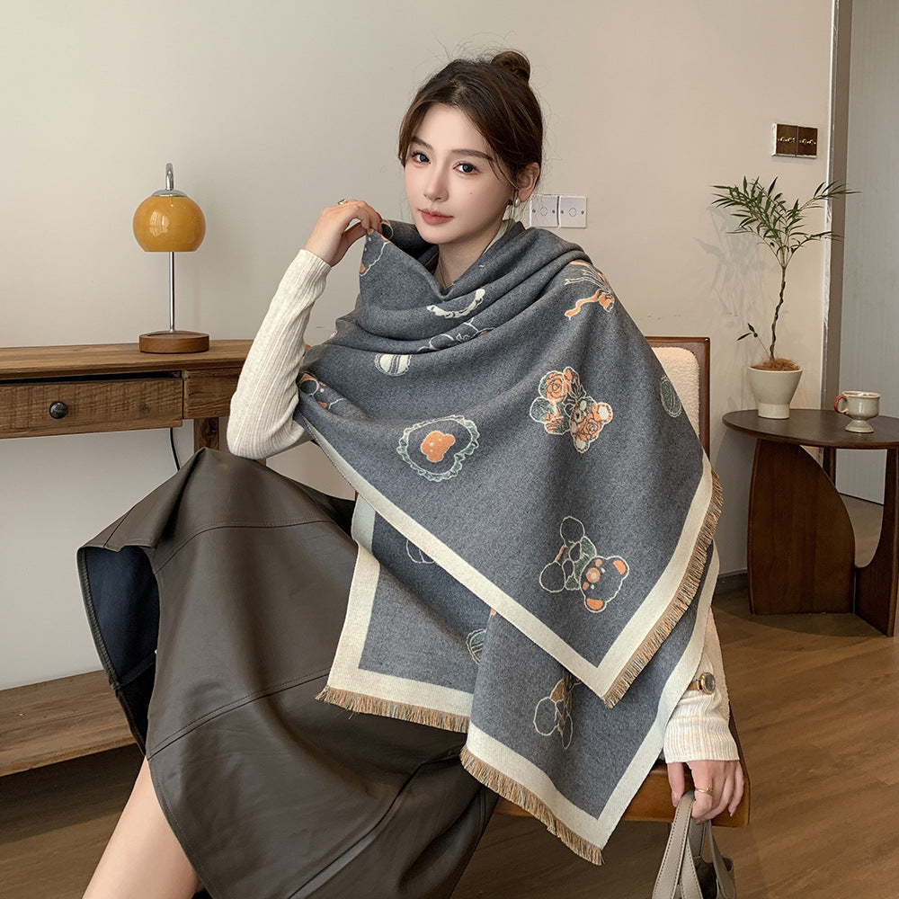 Cartoon Cute Cat Double-Sided Double-Wearing Imitation Cashmere Women's Winter Thickened Warm Neck Shawl Student Soft