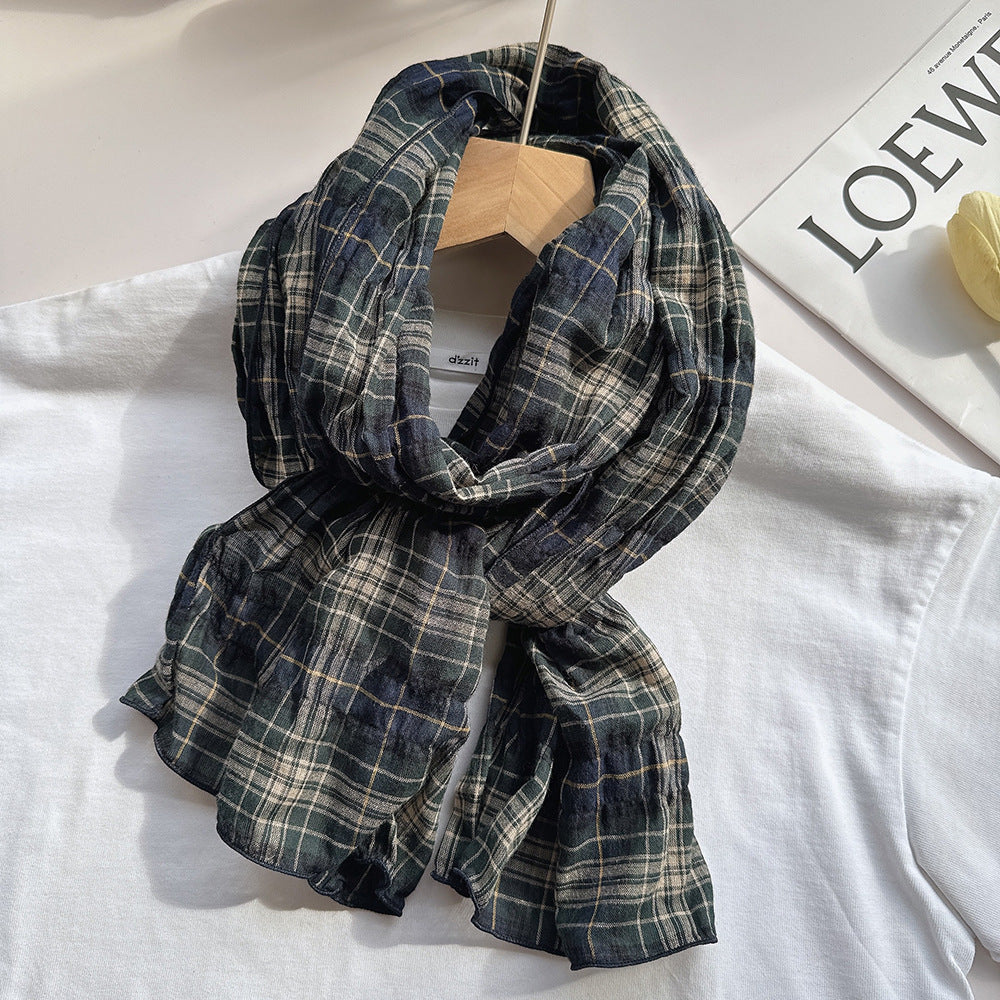 100% Pure Cotton Artistic Plaid Scarf Four Seasons Japanese Style All-match Neck Protector Long Thin Scarf Women's Summer Scarf
