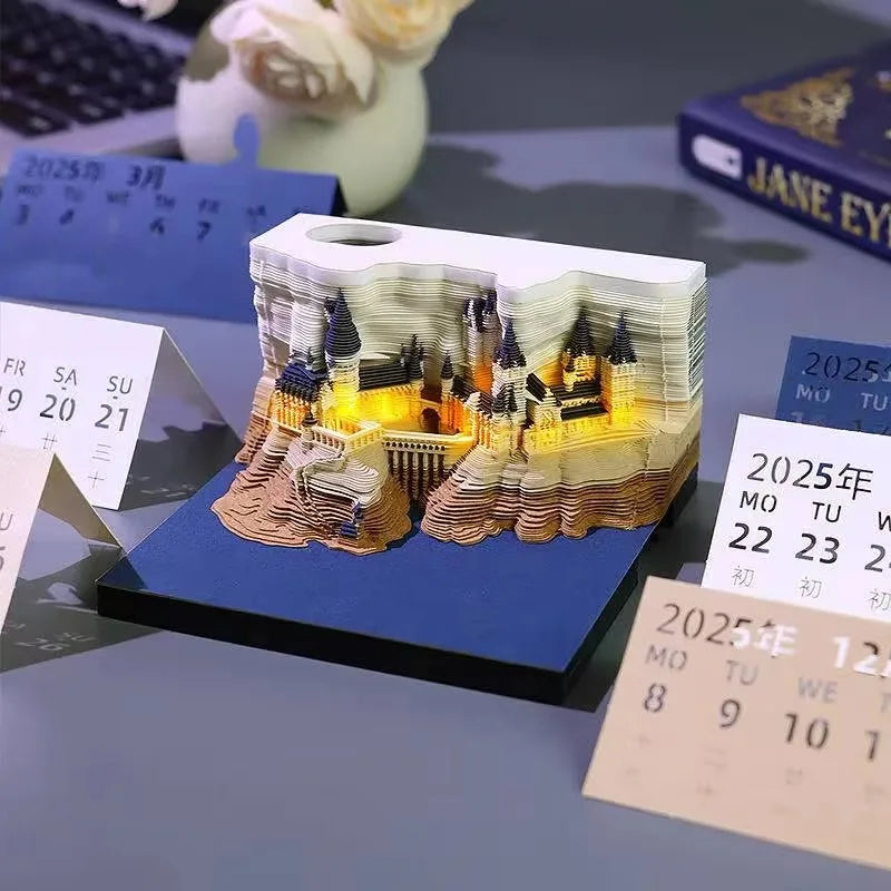 Bloc de Notas 3D 2026, Calendario Desprendible, Bloc de Notas con Luz, Diseño de Castillo Mágico, Papel de Notas con Diseño de Castillo