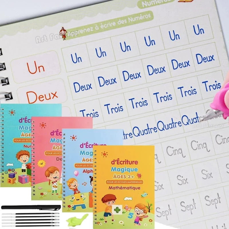 Libro de escritura mágica francesa para niños, cuadernos de matemáticas, caligrafía Montessori, aprender a escribir, libro de copia 3D, 4 libros por juego