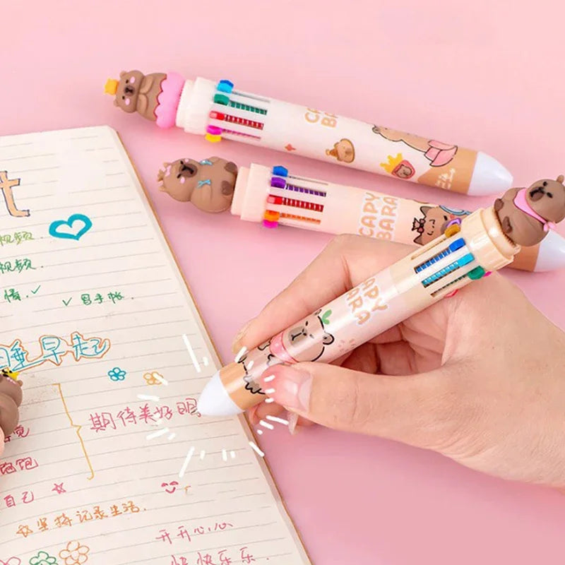 Bolígrafo Capybara de 10 colores, bolígrafos de Gel de tinta colorida de 0,5mm, bolígrafos Kawaii de silicona, suministros escolares y de oficina, papelería