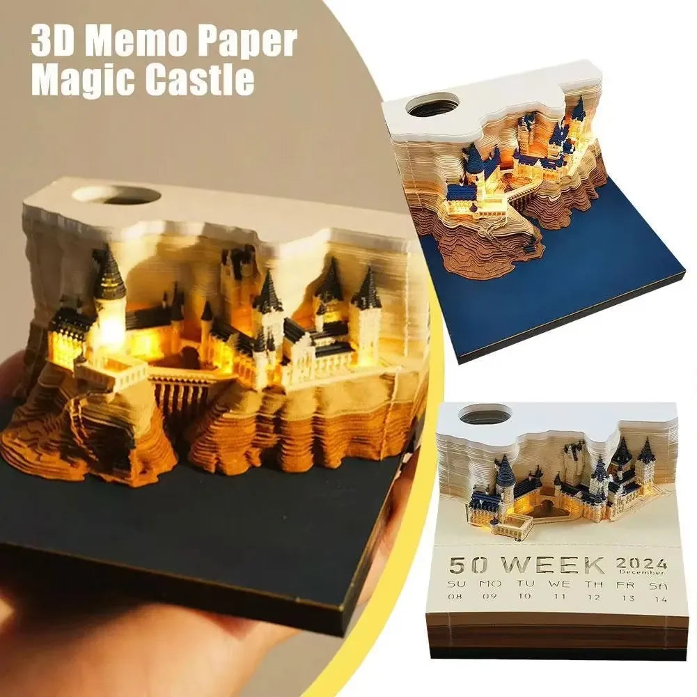 Bloc de Notas 3D 2026, Calendario Desprendible, Bloc de Notas con Luz, Diseño de Castillo Mágico, Papel de Notas con Diseño de Castillo