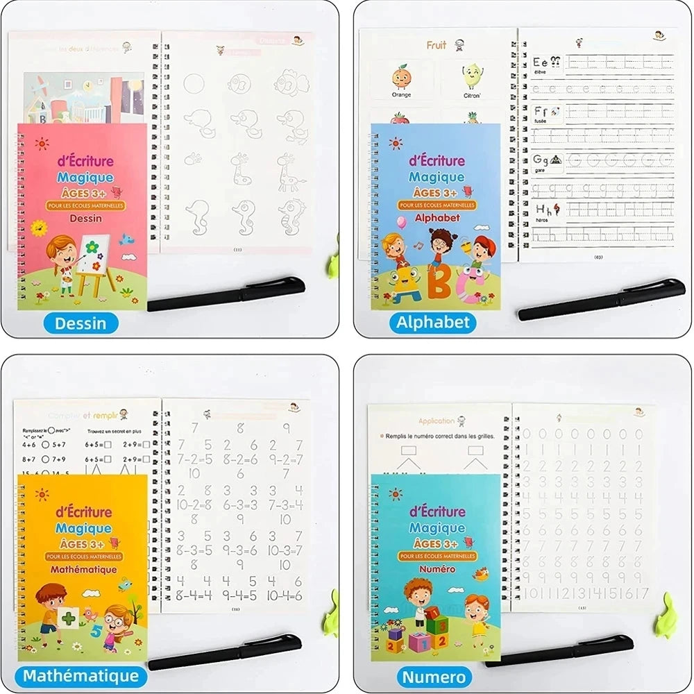 Libro de escritura mágica francesa para niños, cuadernos de matemáticas, caligrafía Montessori, aprender a escribir, libro de copia 3D, 4 libros por juego