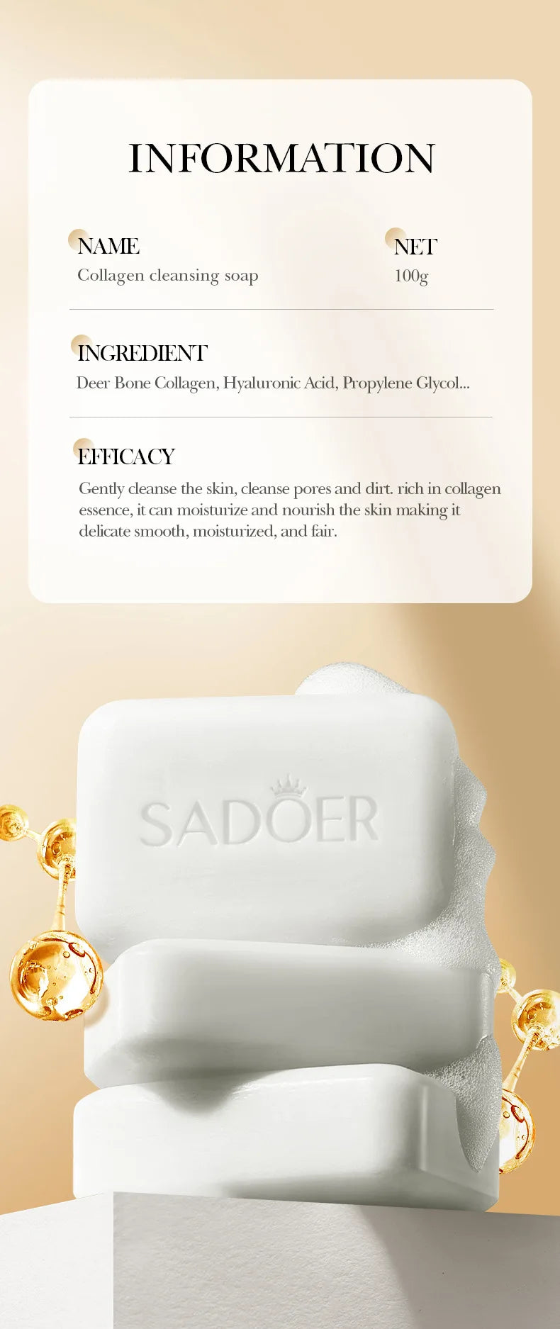 1/2/4 Uds SADOER colágeno hueso jabón Facial espuma de lavado de cara limpiador Facial hidratante Control de aceite baño corporal jabón hecho a mano