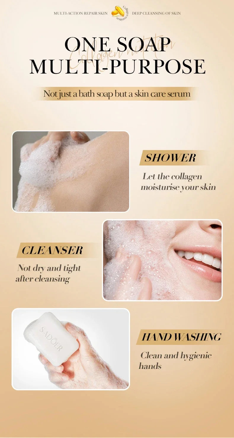 1/2/4 Uds SADOER colágeno hueso jabón Facial espuma de lavado de cara limpiador Facial hidratante Control de aceite baño corporal jabón hecho a mano