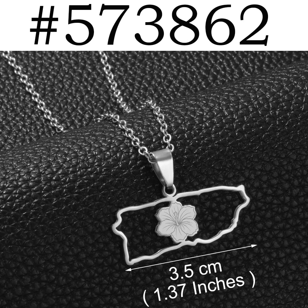 Puerto Rico mapa bandera flores máscaras Rana símbolo tradicional PR collares de hibisco para mujeres joyería de acero inoxidable # 574062