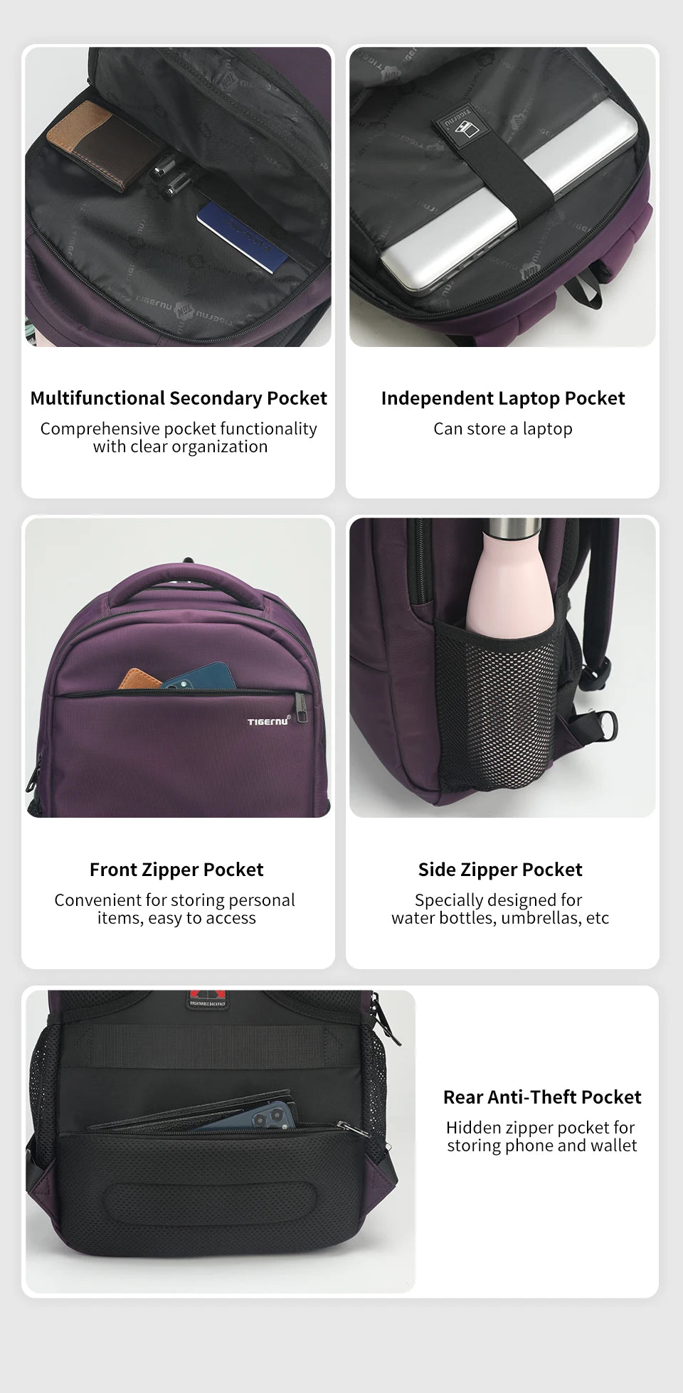 Tigernu, Mochilas de viaje informales de gran capacidad para mujer, mochila impermeable para ordenador portátil de 15,6 ", mochila escolar para mujer, Mochilas