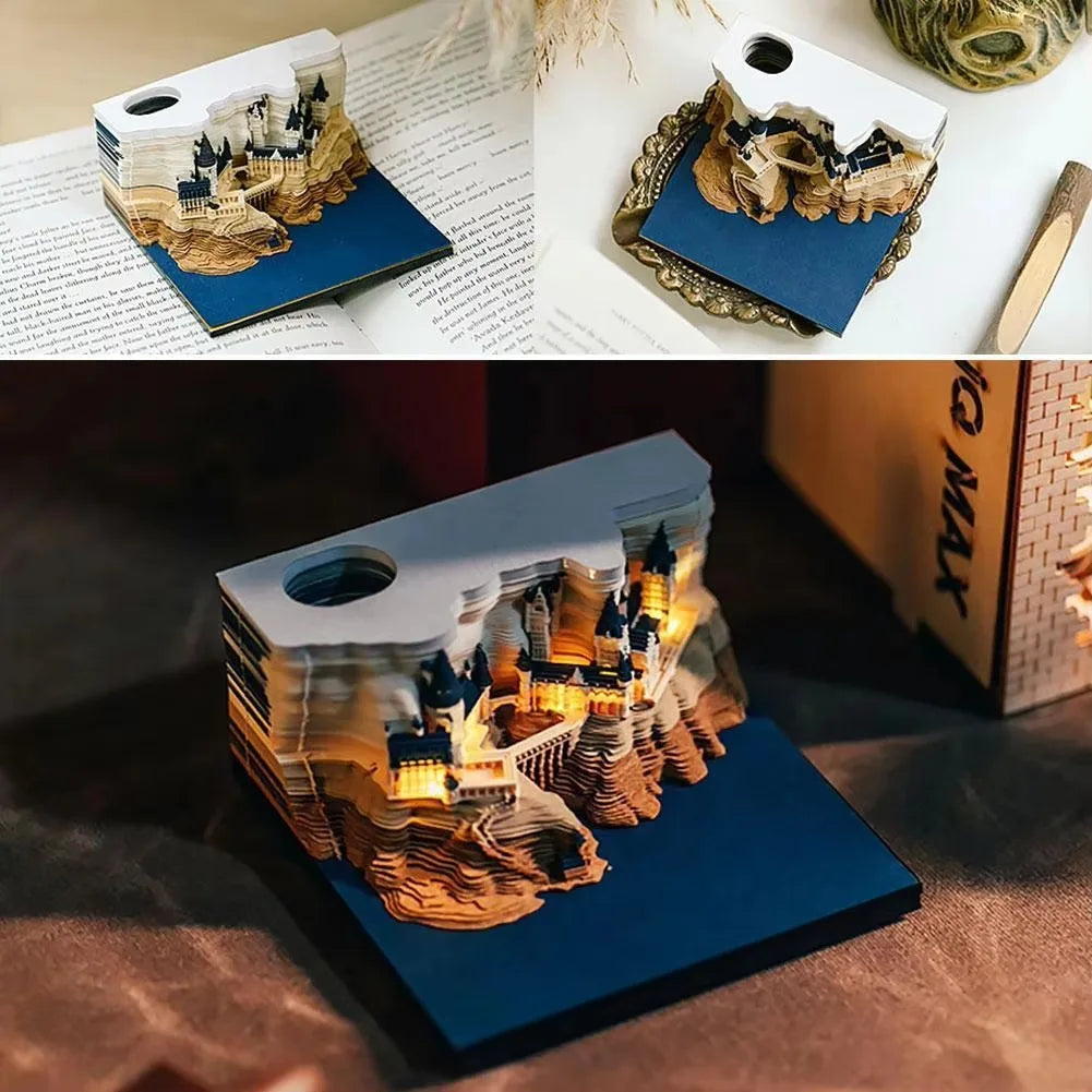 Bloc de Notas 3D 2026, Calendario Desprendible, Bloc de Notas con Luz, Diseño de Castillo Mágico, Papel de Notas con Diseño de Castillo