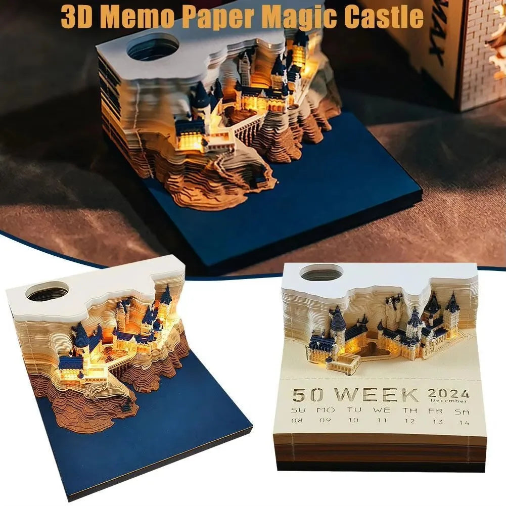 Bloc de Notas 3D 2026, Calendario Desprendible, Bloc de Notas con Luz, Diseño de Castillo Mágico, Papel de Notas con Diseño de Castillo