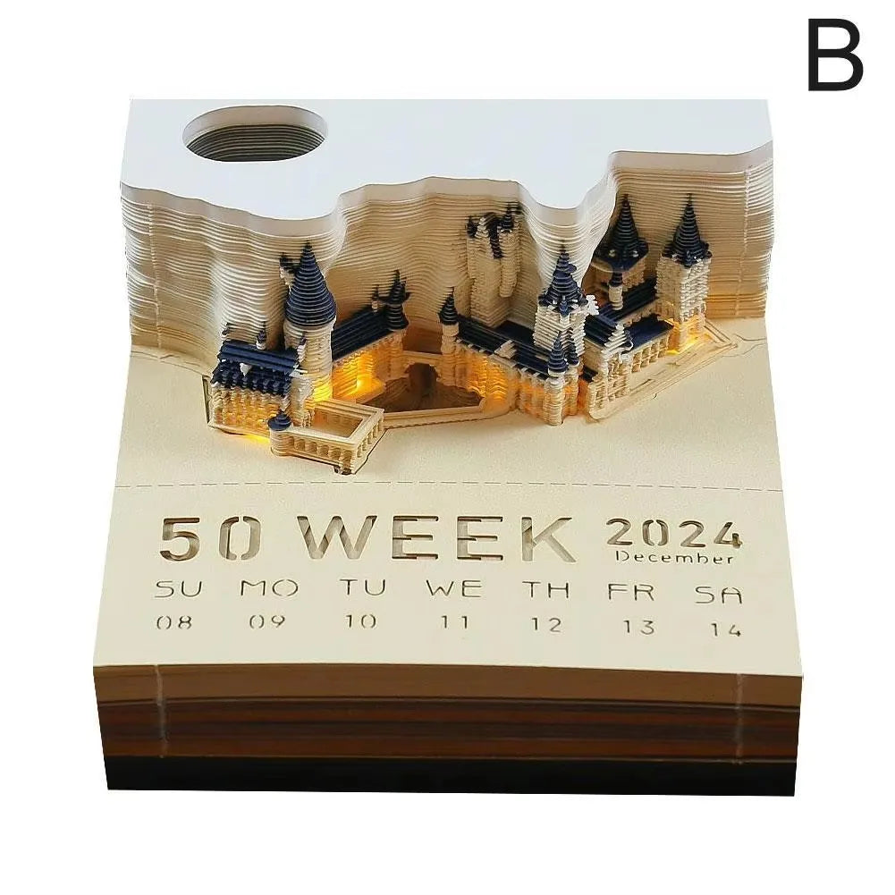 Bloc de Notas 3D 2026, Calendario Desprendible, Bloc de Notas con Luz, Diseño de Castillo Mágico, Papel de Notas con Diseño de Castillo